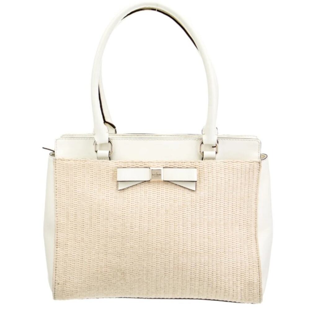 Kate Spade Raffia Trimmed Soft White Leather Bow Tote EUC Retail $375